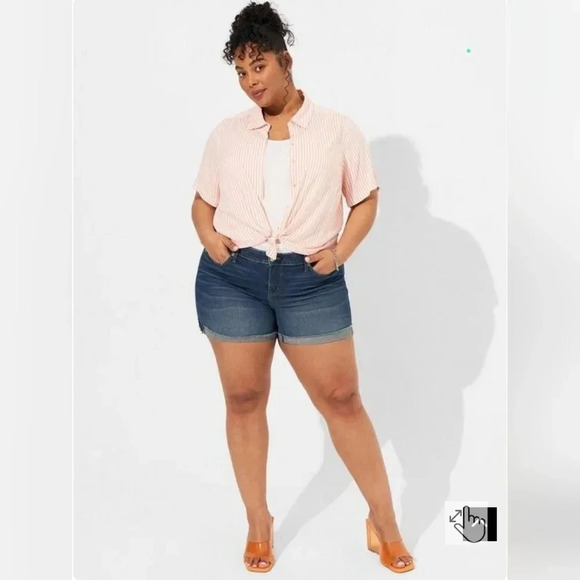 Torrid, Size 1X, Orange/White Button-Up Short-Sleeve Crop Blouse - Picture 15 of 16